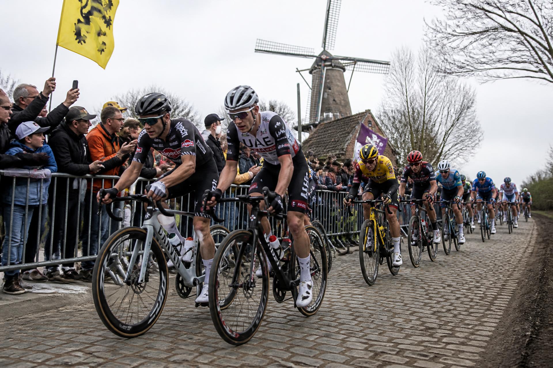 Peloton op de kasseien tijdens een Vlaamse wielerwedstrijd met publiek langs de kant